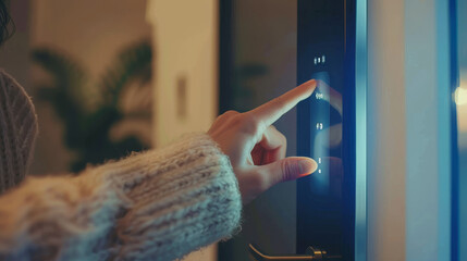 Female finger entering password code on smart digital touch screen, door lock in front of room.