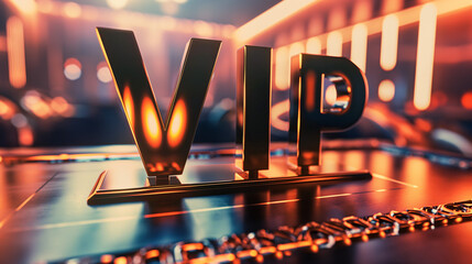 A close-up image of a gleaming VIP sign under bright stage lights, showcasing the exclusivity and grandeur of a special event