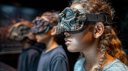 Kids in a science class, wearing VR goggles and reaching out to interact with virtual objects in the air photo-realistic