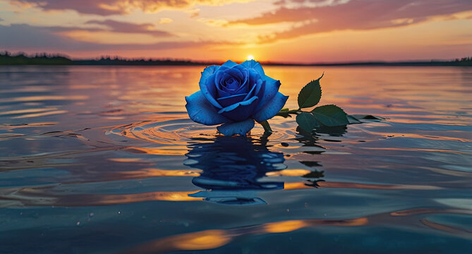 Gorgeous blue rose pedals floating on large lake on most colorful sunset and sky, Generative AI