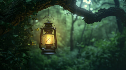 Lantern hanging from tree in a forest - Powered by Adobe