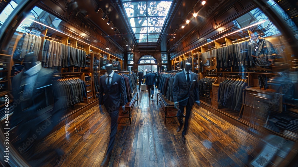 Wall mural An internal view of a high-end clothing store showcasing a variety of elegant men's suits with a fisheye lens blur effect