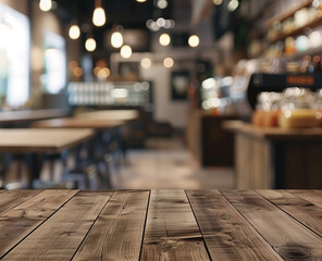 Empty wooden table top with blurred background of a coffee shop or supermarket interior for product display