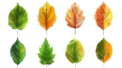 A set of eight watercolor leaves. The leaves are in various stages of changing color, from green to yellow to orange to red.