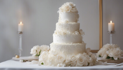 Elegant and towering white wedding cake decorated with cascading sugar flowers, presented on a bright background
