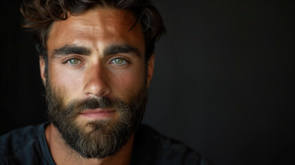 Obraz premium Portrait serious brunette man with beard against black background