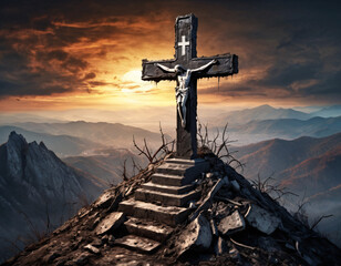 Cross on the top of the mountain. AI generated.