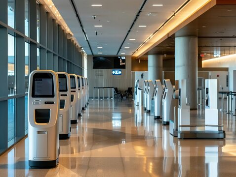 Advanced selfcheckin kiosks with biometric scanning in a sleek, modern airport