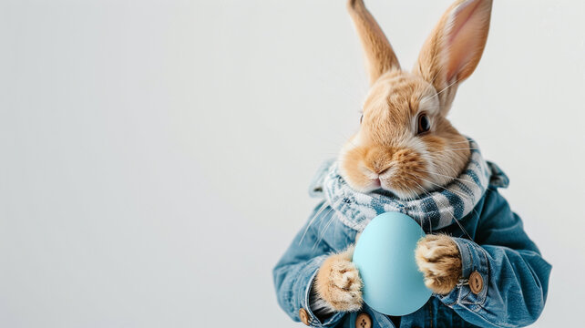 Smiling rabbit in blue jacket with striped scarf, holding Easter egg