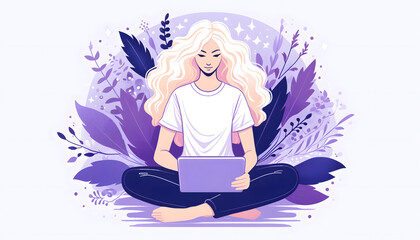Woman with Curly Hair Working on Laptop Amidst Nature-Inspired Digital Illustration