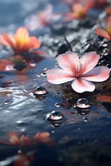 Delicate pink flowers float on water surface with glistening water droplets capturing a serene