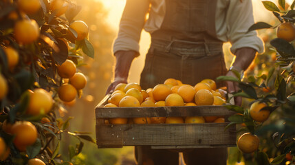 Close-up of a man holding a wooden box filled with orange oranges. An orange orchard is harvested on a sunny day. Concept of fruit crops, harvesting.