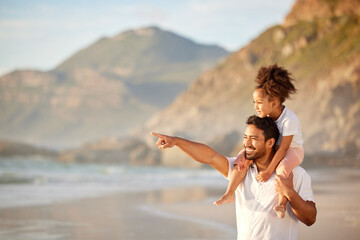 Father, child and pointing on shoulders for beach fun, holiday and bonding and walking on sea shore or vacation. People, together and carefree girl or ocean trip for adventure, summer and relaxing