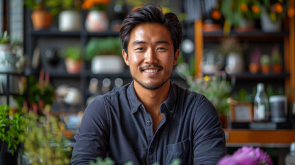Fototapeta premium Portrait of an Asian man in casual clothes in a modern office. Smiling man at a table indoors. Work concept.