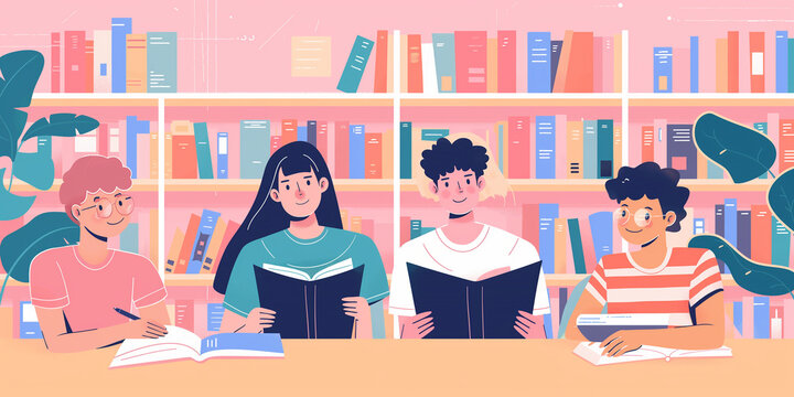 Student study together in library table, student in vector illustration

