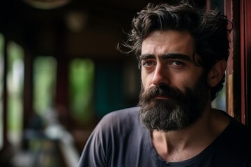 Obraz premium Portrait of a handsome man with long beard and mustache in a cafe