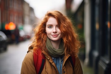 Portrait of a beautiful young woman with red hair in the city