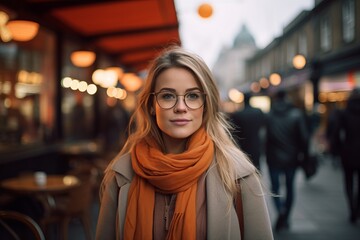 Fototapeta premium Portrait of a beautiful young woman with glasses on the background of a street cafe