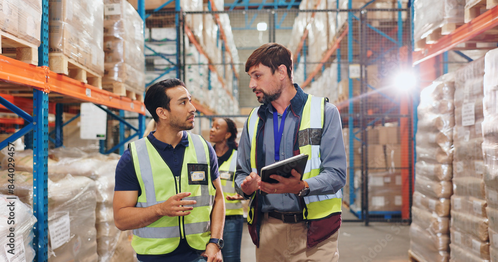 Poster men, tablet and inspection for stock in warehouse with teamwork, inventory check and logistics busin