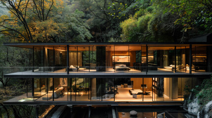 Obraz premium Modern architecture of a house with a frame deep in the mountains, cliffs and forests. Villa design with panoramic windows. Architecture and style concept.