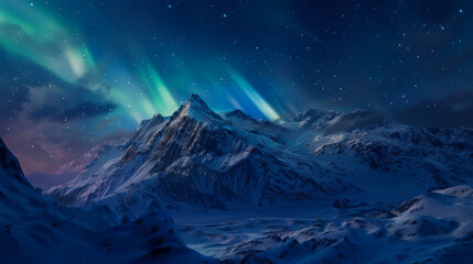 Natural landscape with beautiful view of snowy mountains with northern lights at night. Natural phenomenon above the Arctic Circle with aurora at night. Nature concept.