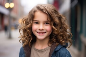 Obraz premium portrait of a beautiful little girl with curly hair in the city