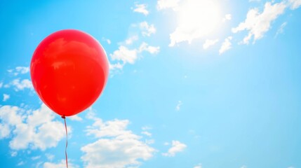 Single Red Balloon Floating in Blue Sky With White Clouds