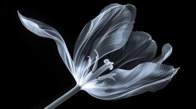 X-Ray shot of tulip flower. A delicate white flower stands out against a stark black background, its petals glowing radiantly in the darkness. The intricate details of the flower are highlighted.