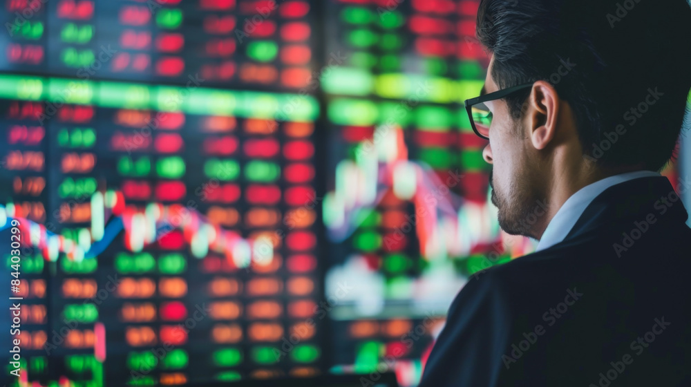 Poster rear view of a man near a digital screen with graphs on a large background. an investor evaluates an