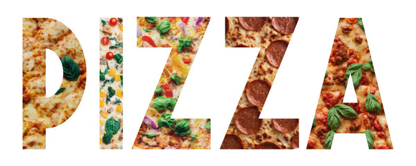 Five distinct pizzas, each with its own unique topping, arranged to spell out the word Pizza in a creative way (letter cut-out, overhead shots). Isolated.
