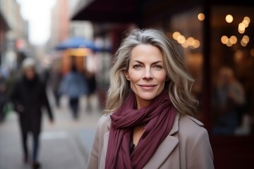 Fototapeta premium Portrait of beautiful middle-aged woman walking in the city.