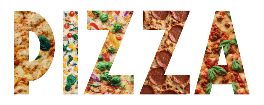 Five distinct pizzas, each with its own unique topping, arranged to spell out the word Pizza in a creative way (letter cut-out, overhead shots). Isolated.

