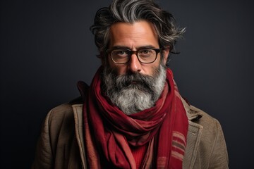 Obraz premium Portrait of a handsome bearded Indian man with glasses and a red scarf.
