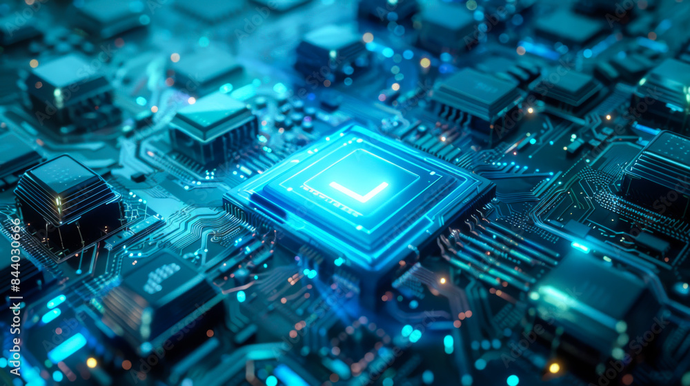 Poster close-up of a modern processor chip with electronic circuits with light blue neon backlight. technol