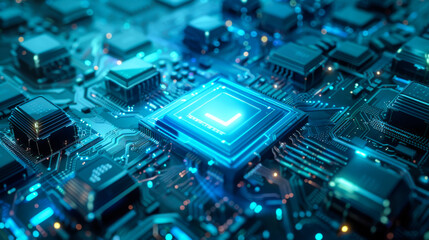 Obraz premium Close-up of a modern processor chip with electronic circuits with light blue neon backlight. Technology chip on the motherboard. Technology concept.
