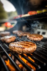 Juicy Grilled Burgers Sizzling Over Flames on a Summer Day
