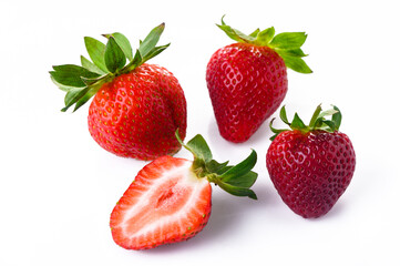 Ripe perfect strawberry and cross cut of strawberry isolated on white background.