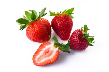 Ripe perfect strawberry and cross cut of strawberry isolated on white background. 1