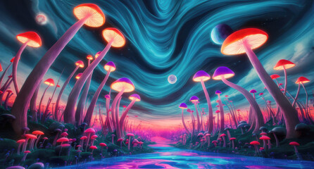 4D landscape dominated by towering mushrooms that stretch towards the color sky. Generative AI