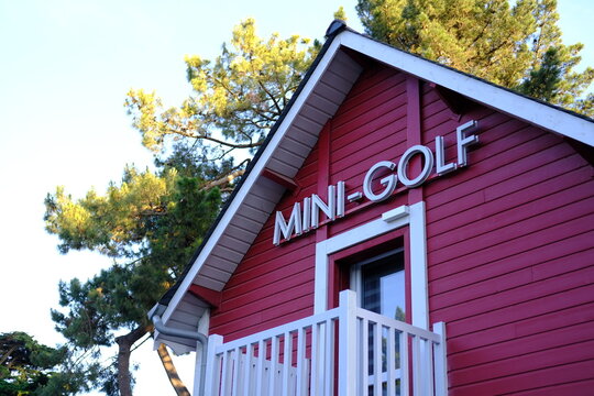 La Baule, France - June 8, 2024: The facade of an administrative building of a Mini-Golf field. 