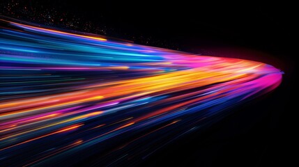 A colorful diagonal streak of light on a black background, with an abstract gradient effect and a sense of speed.