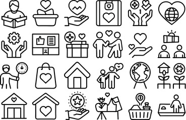 Charity & Volunteering related concept such as Heart, helping hand, donation box & many more editable stroke outline icons isolated on white background flat vector illustration