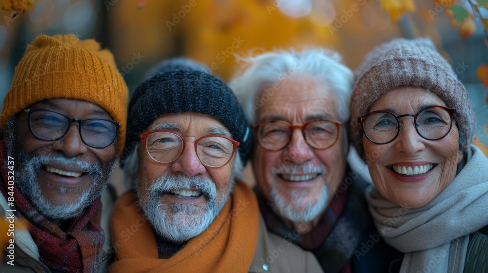 Wall mural group of smiling seniors dressed in colorful autumn attire enjoying time together