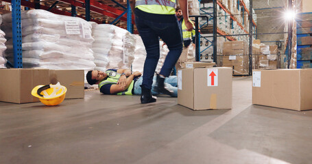 Accident, fall and stock with man in warehouse for delivery, distribution or supply chain logistics. Fail, injury or mistake and person on floor of plant with box for ecommerce, retail or safety