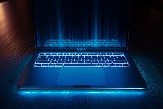 Glowing laptop on wooden table in dark