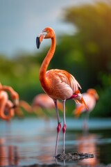 Fototapeta premium Pink Flamingo Standing in Shallow Water With Green Background