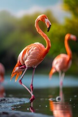Fototapeta premium Pink Flamingo Standing in Shallow Water on a Sunny Day
