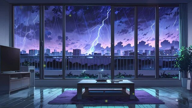 Cozy lo-fi living room Japanese town Sky view. stream starting soon screen, overlay loop animated virtual backgrounds vtuber asset twitch zoom OBS anime chill hip hop. Cyan purple colours manga style