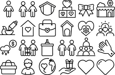 Charity & Volunteering related concept such as Heart, helping hand, donation box & many more editable stroke outline icons isolated on white background flat vector illustration