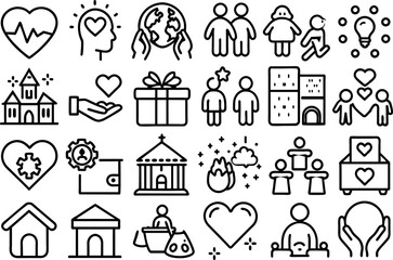 Charity & Volunteering related concept such as Heart, helping hand, donation box & many more editable stroke outline icons isolated on white background flat vector illustration